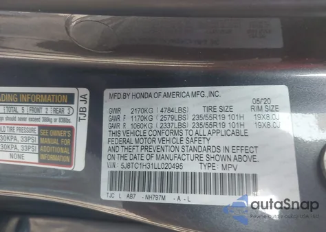 2020 Acura Rdx Standard из США, поврежденный, VIN 5J8TC1H31LL020495